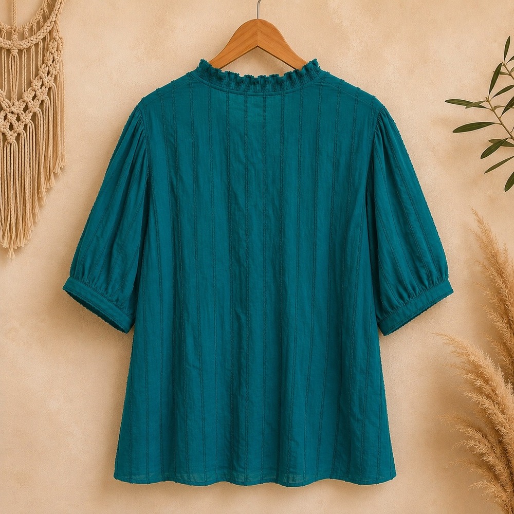 Lane Bryant Teal Blue Cotton Ruffle V-Neck Puff Sleeve Blouse Plus Size 24 - Picture 4 of 7